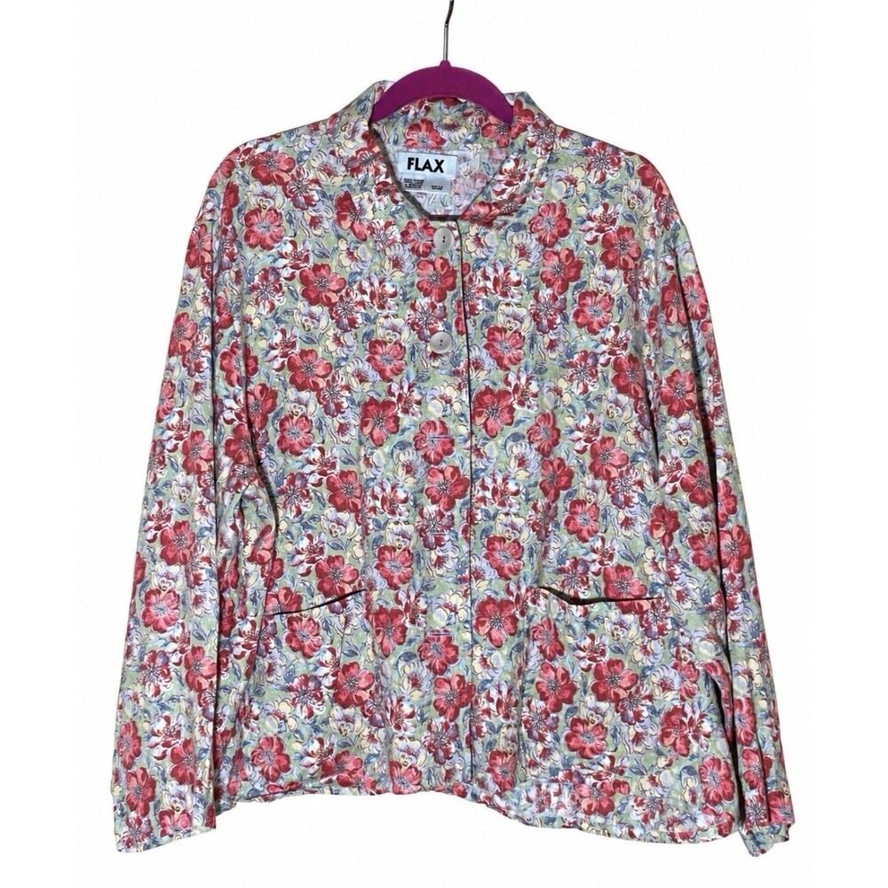 FLAX Jacket L 100% Linen Womens Floral Lagenlook Artsy Cottagecore Blazer Button